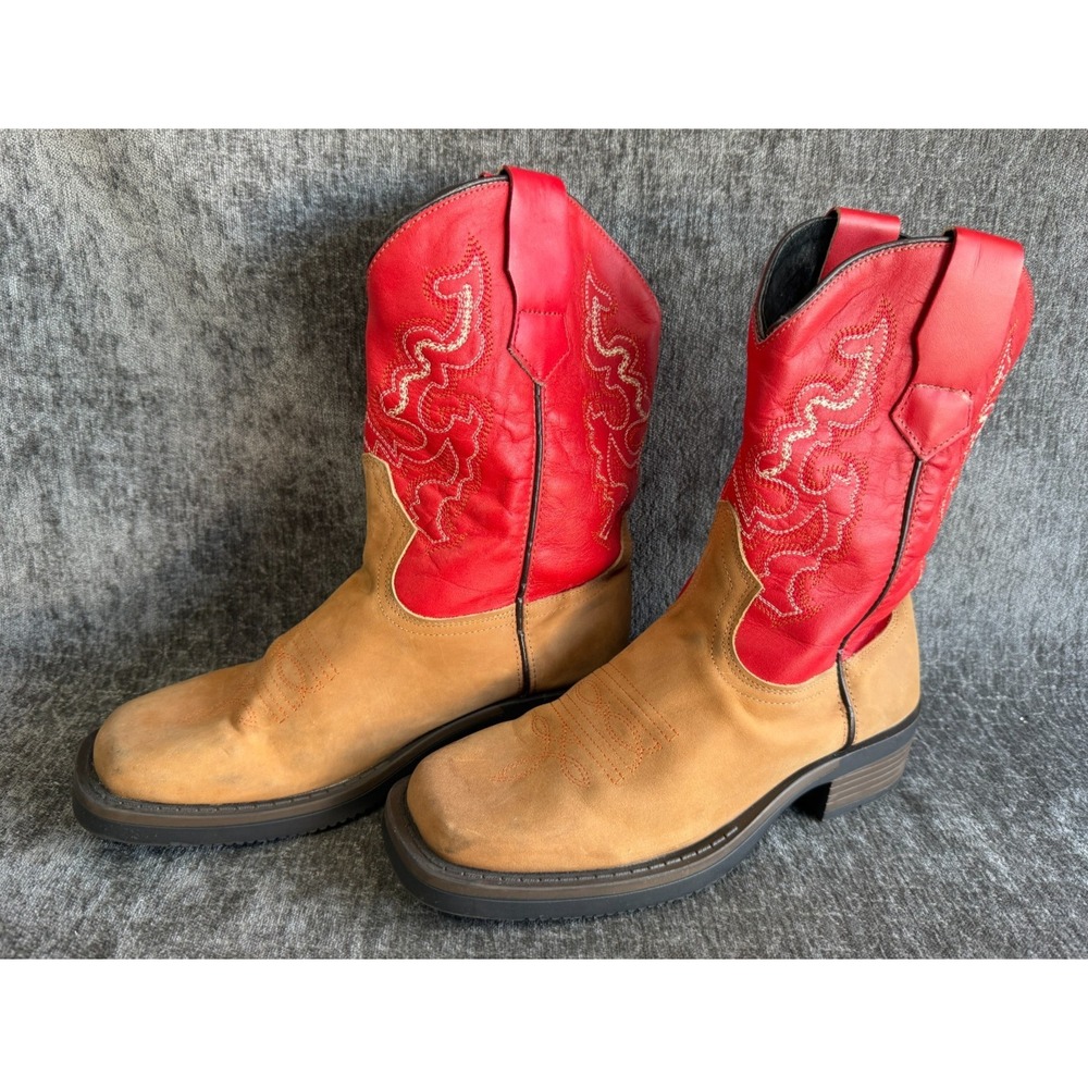 J.B.‎ Dillon Kids Size 4.5 Tan & Red Leather Square Toe Western Cowboy Boots